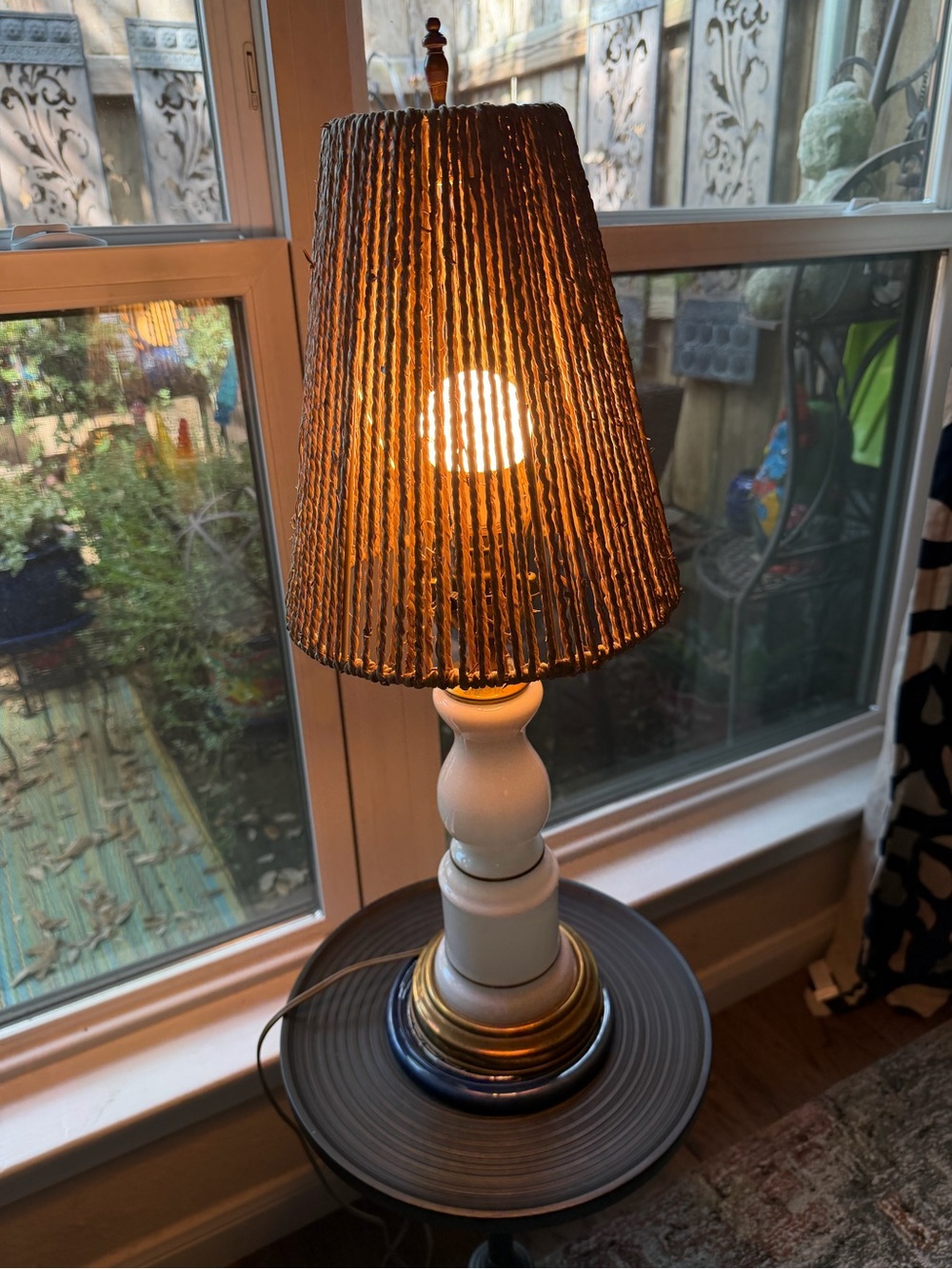 Vintage White Glass and Brass Small Table Lamp. Jute Shade. Hand Painted Stripe